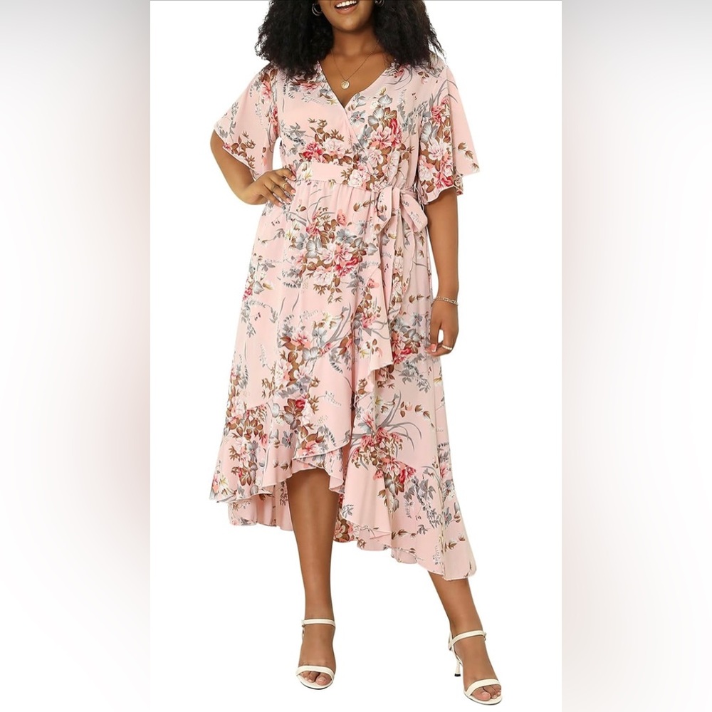 Keluummi Plus Size Floral Wrap Style High Low Dress - SZ 14